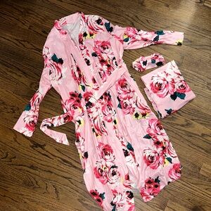 Floral Pink Maternity Robe with Matching Baby Swaddle